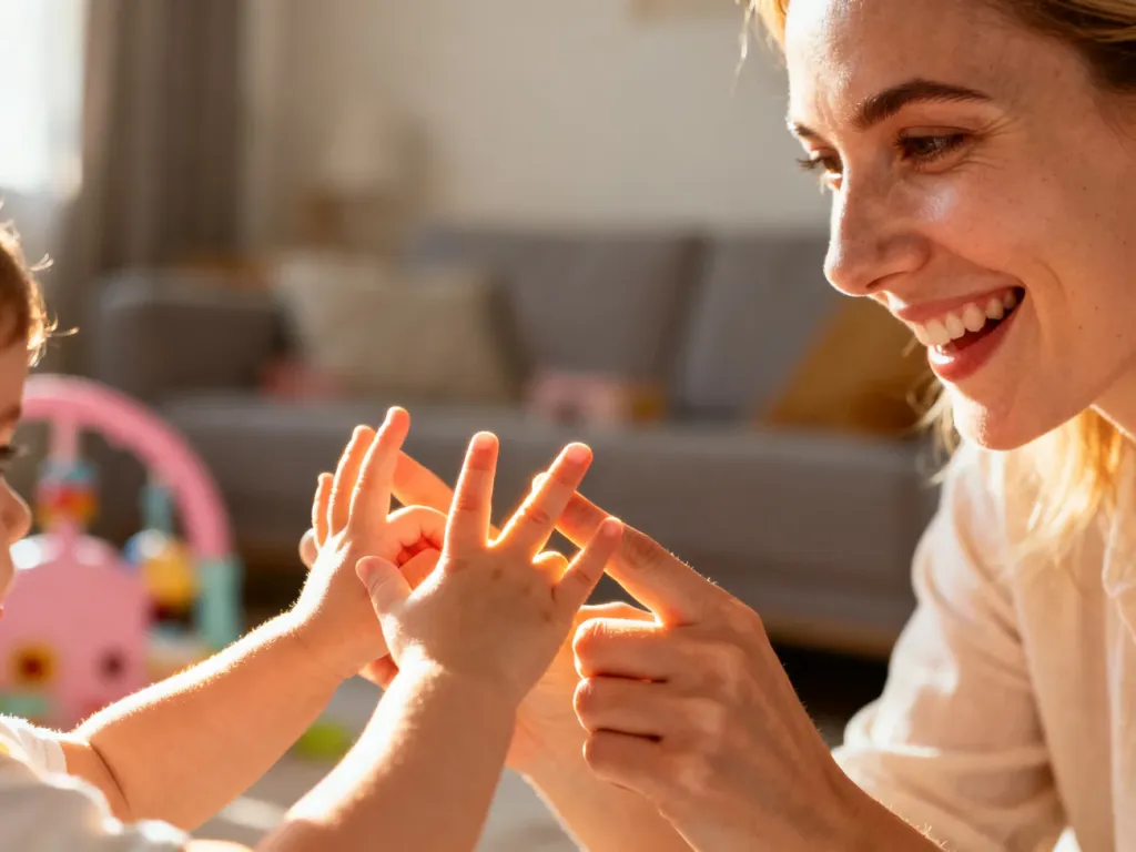 Uśmiechnięta mama bawi się z dzieckiem w zabawy paluszkowe w przytulnym, domowym wnętrzu.