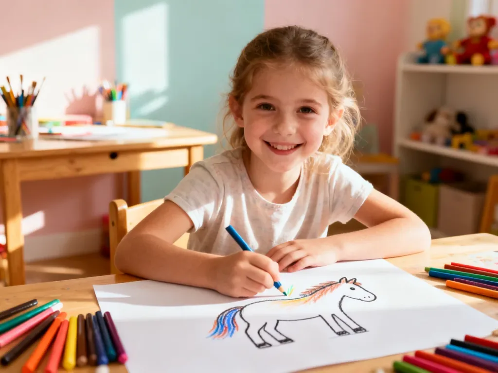 Dziewczynka z uśmiechem rysuje kredkami konia na dużej kartce papieru w przytulnej pracowni plastycznej.