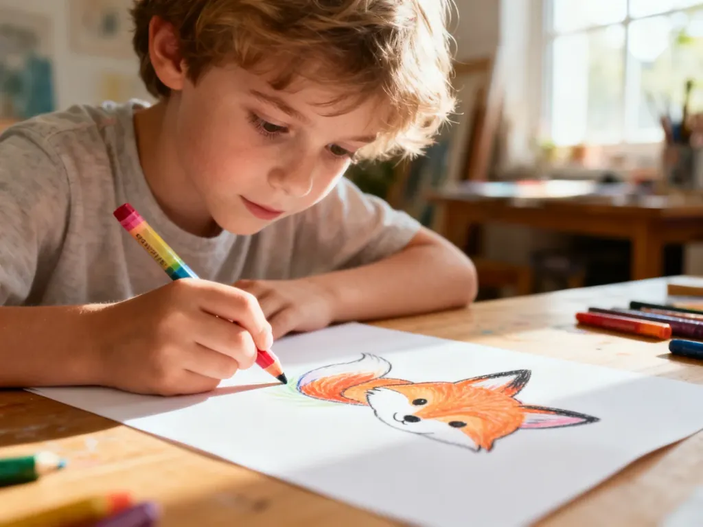 Dziecko rysuje kolorową kredką uroczego lisa na kartce papieru przy drewnianym biurku.