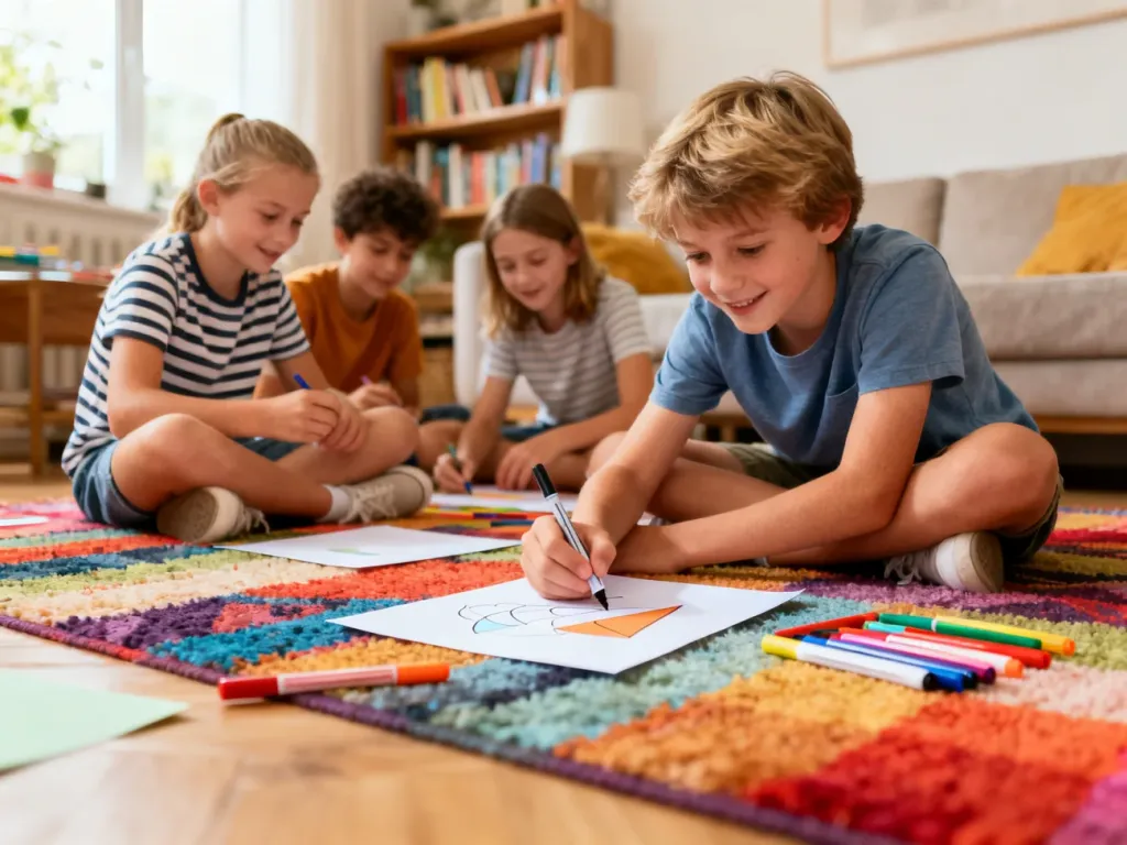 Grupa dzieci w wieku 9-12 lat wspólnie wykonuje prace plastyczne na kolorowym dywanie w przytulnym salonie.