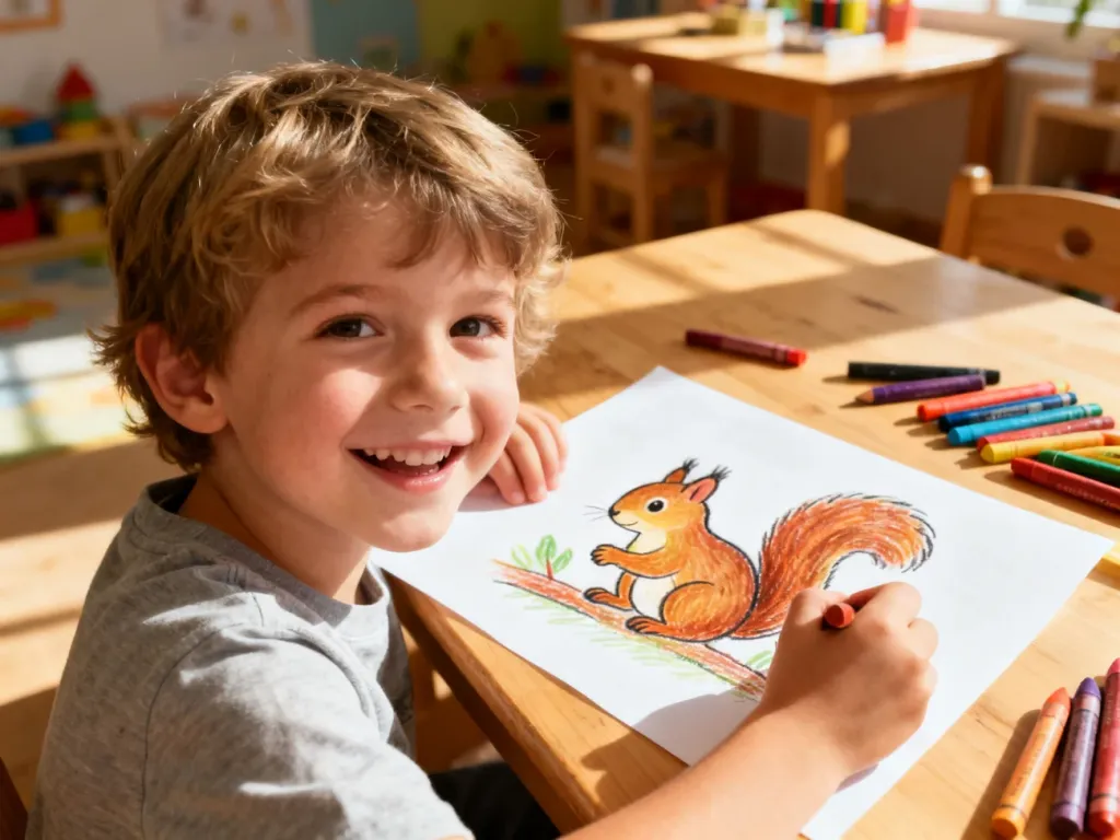 Dziecko z radością rysuje kolorową wiewiórkę kredkami na kartce papieru w przytulnym pokoju zabaw.