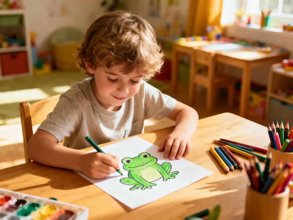Dziecko skupione na rysowaniu zielonej żaby kredkami przy drewnianym biurku w przytulnym pokoju zabaw.