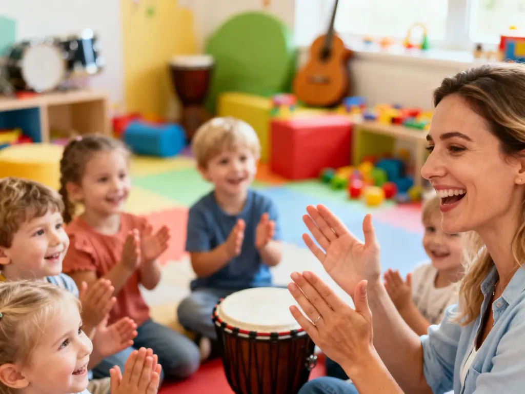 Uśmiechnięta kobieta bawi się z grupą dzieci w kolorowej sali, ilustrując muzyczne piosenki gestami i klaskaniem.