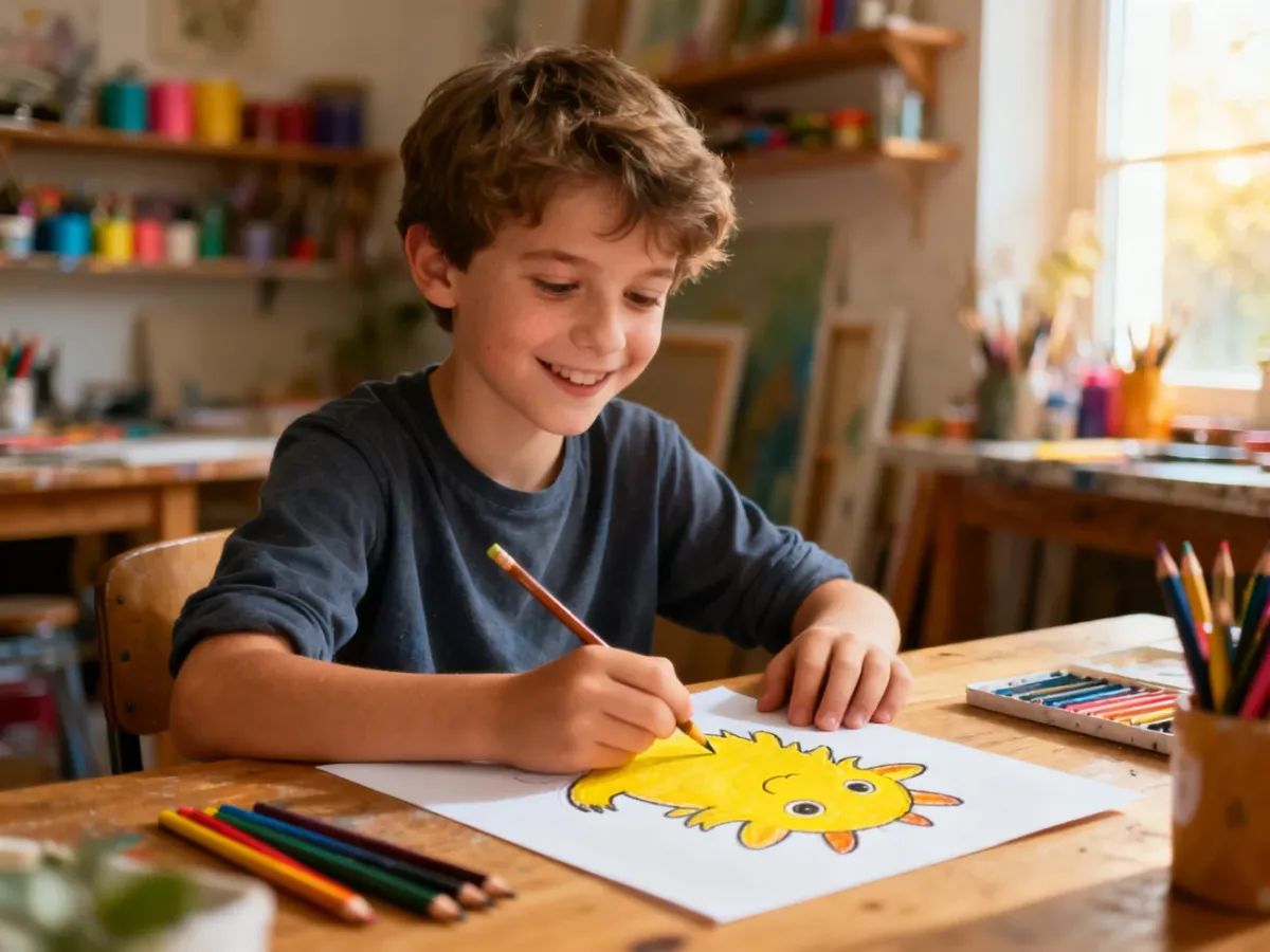 Chłopiec przy biurku z radością rysuje kredkami postać Pikachu na kartce papieru.